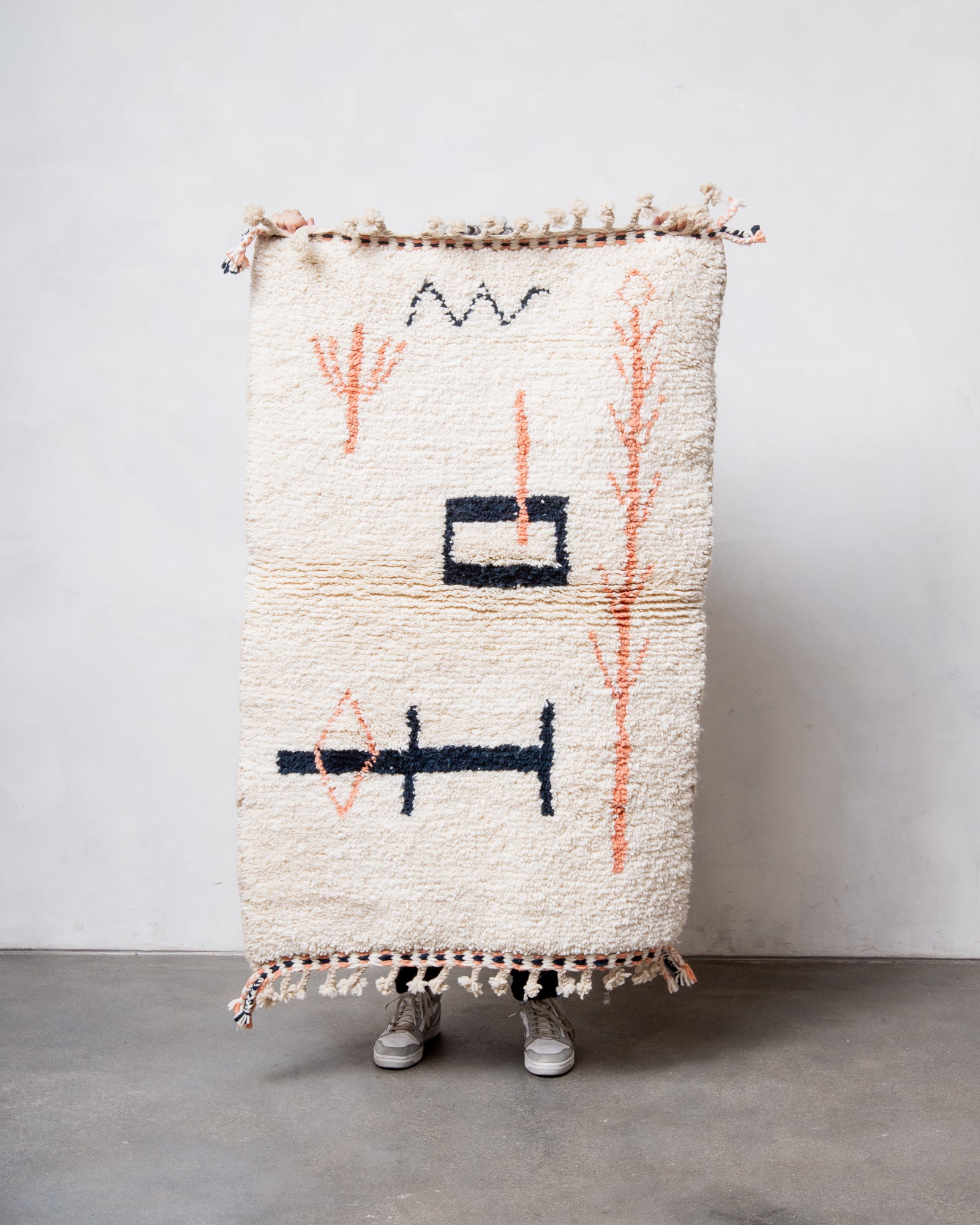 Modern, designer, handcrafted Berber rug from Morocco. Beniourain carpet with beautiful colours and patterns and fluffy wool texture.